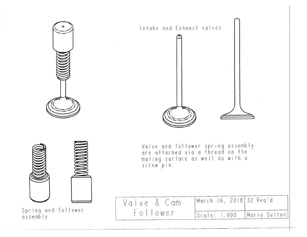 An accurate 8-cylinder DOHC internal combustion engine with a flat-plane crank, was modeled in PTC Creo Parametric 3.0/4.0 as a class project for MEE2024 (Solids Modeling and 3D Design Principles). This project included a basic, yet fully developed rotating assembly of over 150 engine components. Image of valves. 