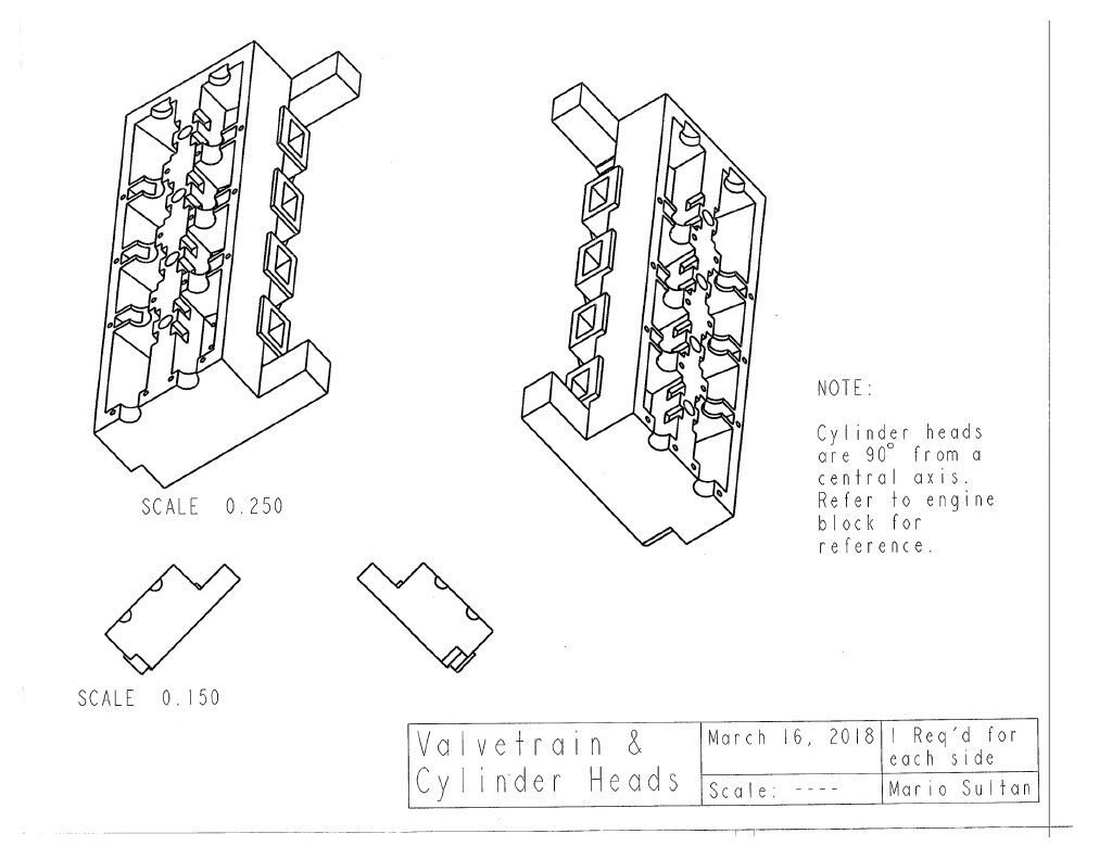 An accurate 8-cylinder DOHC internal combustion engine with a flat-plane crank, was modeled in PTC Creo Parametric 3.0/4.0 as a class project for MEE2024 (Solids Modeling and 3D Design Principles). This project included a basic, yet fully developed rotating assembly of over 150 engine components. Image of valvetrain and cylinder head. 