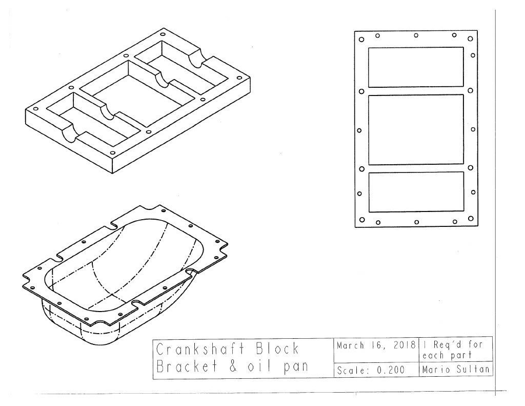 An accurate 8-cylinder DOHC internal combustion engine with a flat-plane crank, was modeled in PTC Creo Parametric 3.0/4.0 as a class project for MEE2024 (Solids Modeling and 3D Design Principles). This project included a basic, yet fully developed rotating assembly of over 150 engine components. Image of oil pan.