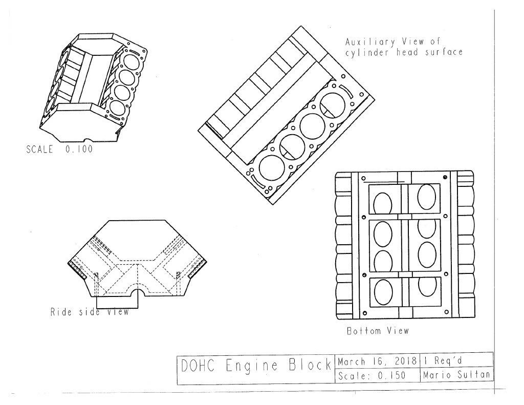 An accurate 8-cylinder DOHC internal combustion engine with a flat-plane crank, was modeled in PTC Creo Parametric 3.0/4.0 as a class project for MEE2024 (Solids Modeling and 3D Design Principles). This project included a basic, yet fully developed rotating assembly of over 150 engine components. Image of dohc cylinder head. 