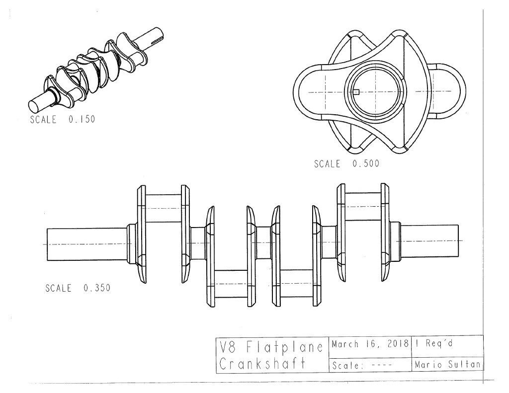 An accurate 8-cylinder DOHC internal combustion engine with a flat-plane crank, was modeled in PTC Creo Parametric 3.0/4.0 as a class project for MEE2024 (Solids Modeling and 3D Design Principles). This project included a basic, yet fully developed rotating assembly of over 150 engine components. Image of  v8 flatplane crankshaft. 