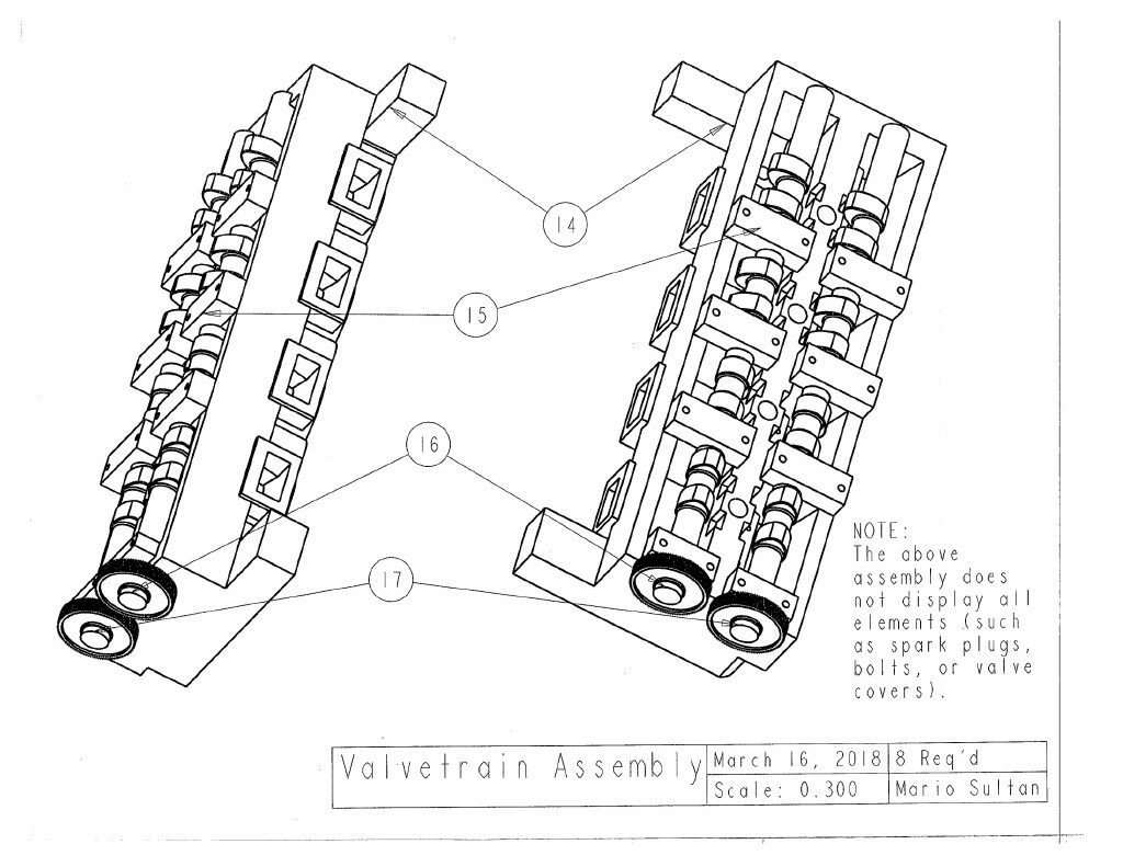 An accurate 8-cylinder DOHC internal combustion engine with a flat-plane crank, was modeled in PTC Creo Parametric 3.0/4.0 as a class project for MEE2024 (Solids Modeling and 3D Design Principles). This project included a basic, yet fully developed rotating assembly of over 150 engine components. Image of valvetrain assembly. 