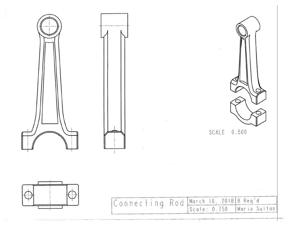 An accurate 8-cylinder DOHC internal combustion engine with a flat-plane crank, was modeled in PTC Creo Parametric 3.0/4.0 as a class project for MEE2024 (Solids Modeling and 3D Design Principles). This project included a basic, yet fully developed rotating assembly of over 150 engine components. Image of piston connecting rod. 