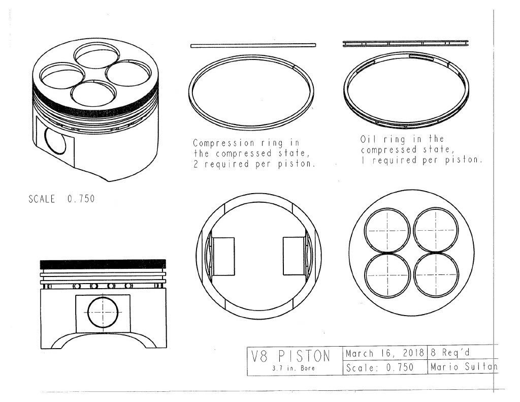 An accurate 8-cylinder DOHC internal combustion engine with a flat-plane crank, was modeled in PTC Creo Parametric 3.0/4.0 as a class project for MEE2024 (Solids Modeling and 3D Design Principles). This project included a basic, yet fully developed rotating assembly of over 150 engine components. Image of piston head.