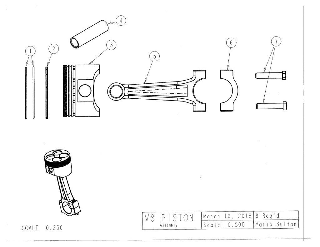 V8 engine CAD assembly drawing, exploded view, labeled.