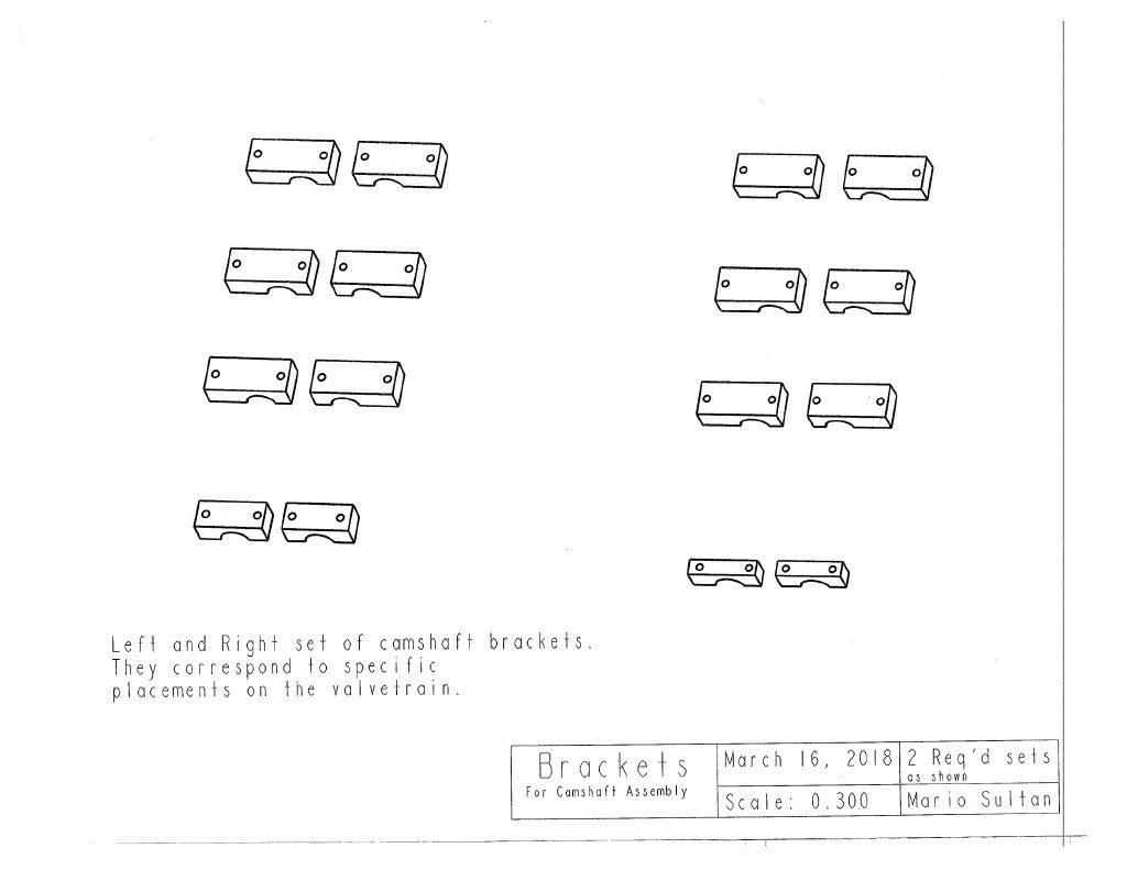 An accurate 8-cylinder DOHC internal combustion engine with a flat-plane crank, was modeled in PTC Creo Parametric 3.0/4.0 as a class project for MEE2024 (Solids Modeling and 3D Design Principles). This project included a basic, yet fully developed rotating assembly of over 150 engine components. Image of camshaft brackets. 