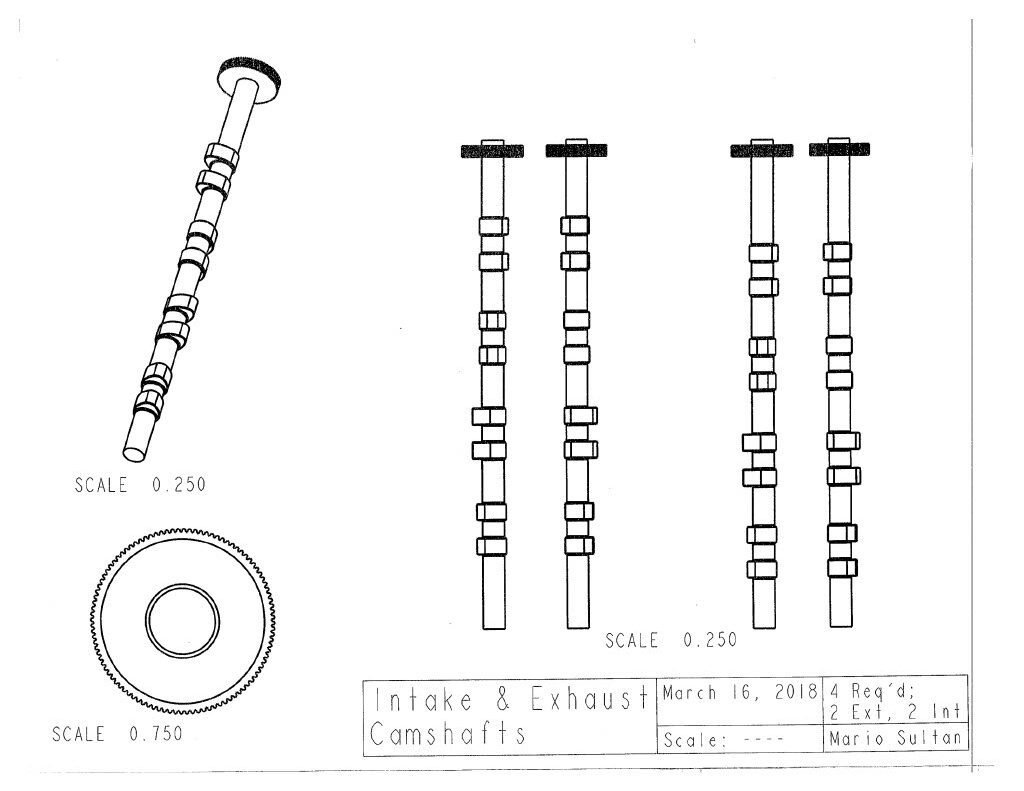 An accurate 8-cylinder DOHC internal combustion engine with a flat-plane crank, was modeled in PTC Creo Parametric 3.0/4.0 as a class project for MEE2024 (Solids Modeling and 3D Design Principles). This project included a basic, yet fully developed rotating assembly of over 150 engine components. Image of camshafts. 