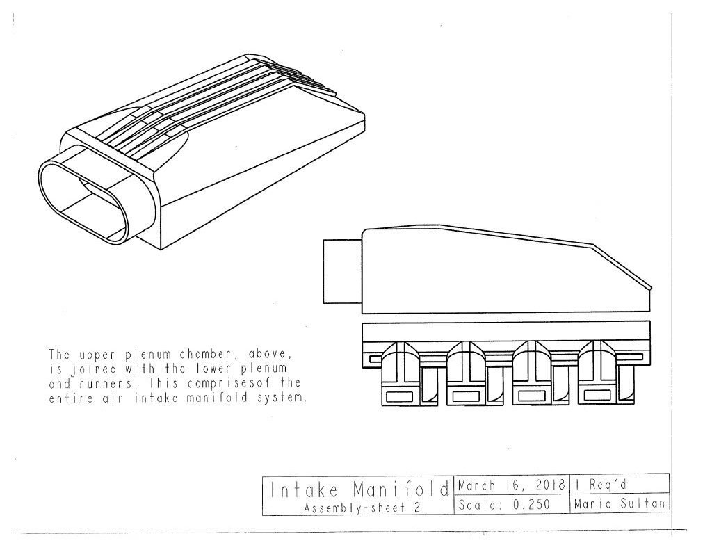 An accurate 8-cylinder DOHC internal combustion engine with a flat-plane crank, was modeled in PTC Creo Parametric 3.0/4.0 as a class project for MEE2024 (Solids Modeling and 3D Design Principles). This project included a basic, yet fully developed rotating assembly of over 150 engine components. Image of upper air intake manifold. 