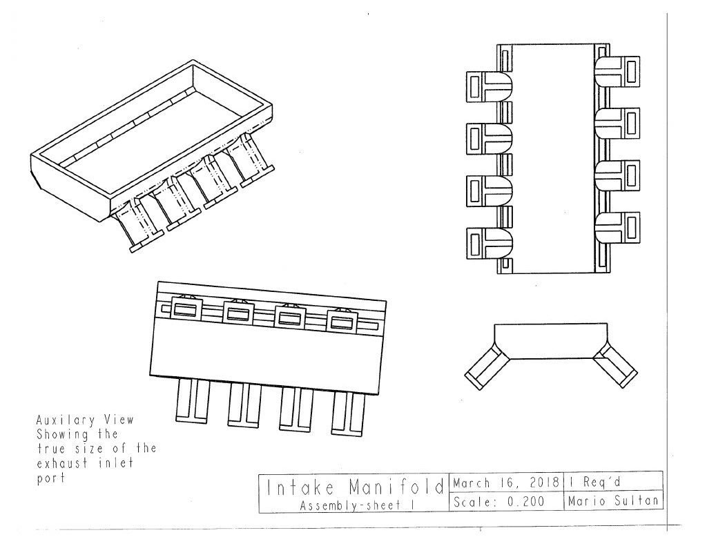 An accurate 8-cylinder DOHC internal combustion engine with a flat-plane crank, was modeled in PTC Creo Parametric 3.0/4.0 as a class project for MEE2024 (Solids Modeling and 3D Design Principles). This project included a basic, yet fully developed rotating assembly of over 150 engine components. Image of air intake manifold. 