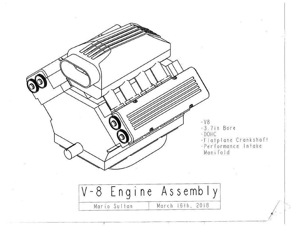 An accurate 8-cylinder DOHC internal combustion engine with a flat-plane crank, was modeled in PTC Creo Parametric 3.0/4.0 as a class project for MEE2024 (Solids Modeling and 3D Design Principles). This project included a basic, yet fully developed rotating assembly of over 150 engine components. Full Assembly.