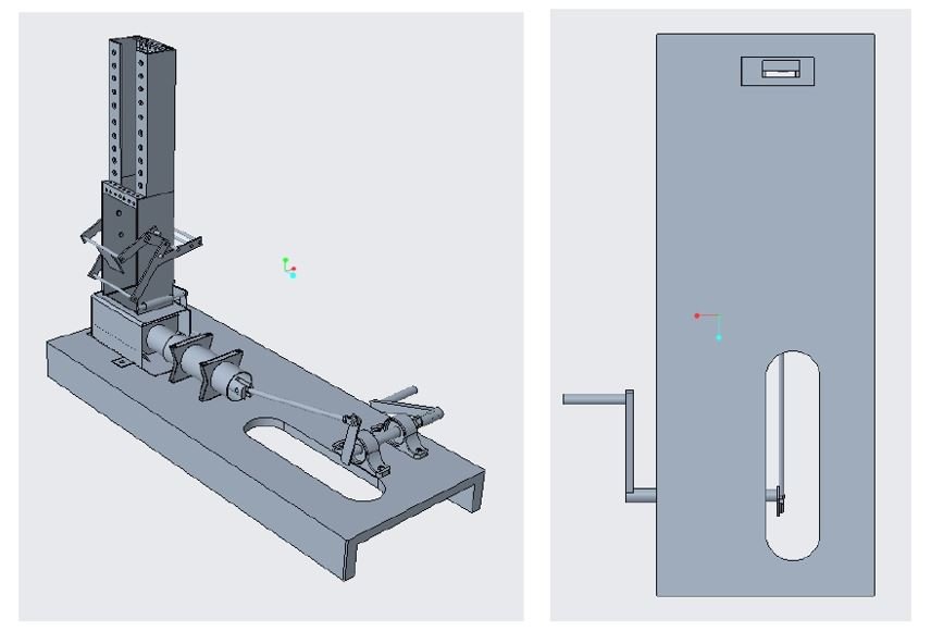 Can Crusher project using four-bar linkages designed and build in for Theory of Machines, a Mechanical Engineering course. Image is our CAD model in Creo Parametric. 