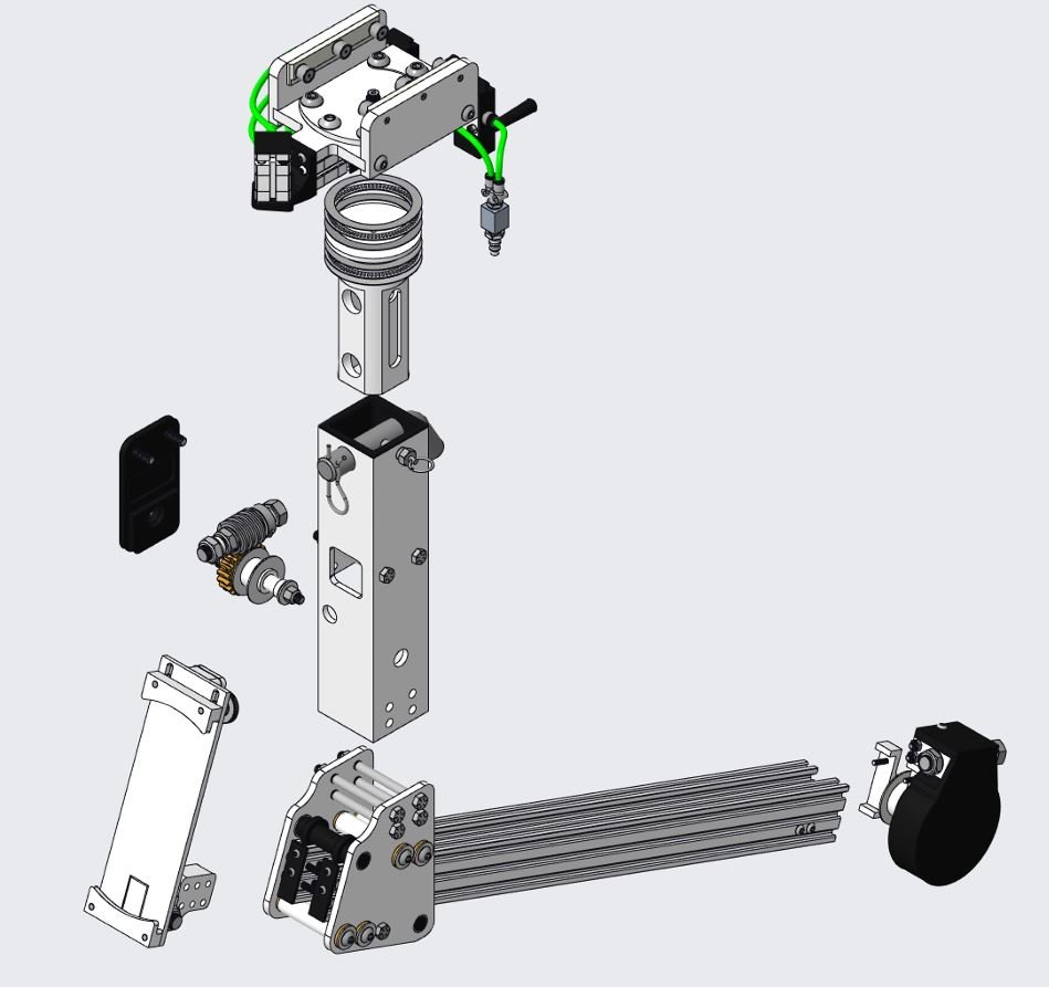 Senior Design Capstone Project: design and manufacture a mechanism capable of maneuvering heavy equipment and incorporate several key functions while working with extremely limited clearances and tight constraints. CAD model in Creo Parametric. 