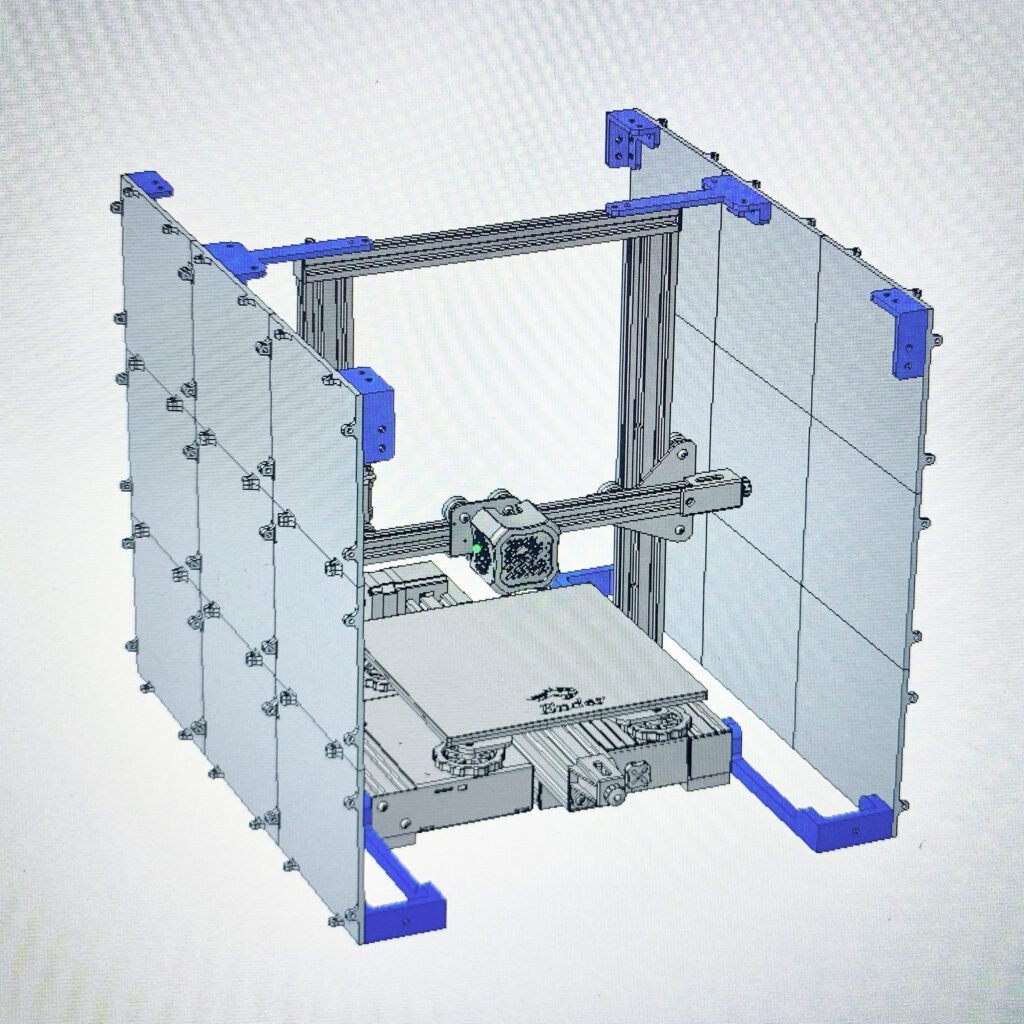 An entirely 3D printed 3D printer enclosure for the Ender 3 V2. The parts are designed to be printed in pieces that are secured together via machine screws, then sealed with pieces of Mylar sheet on the inside. The brackets offer clearance for the printer's moving parts and the print bed.