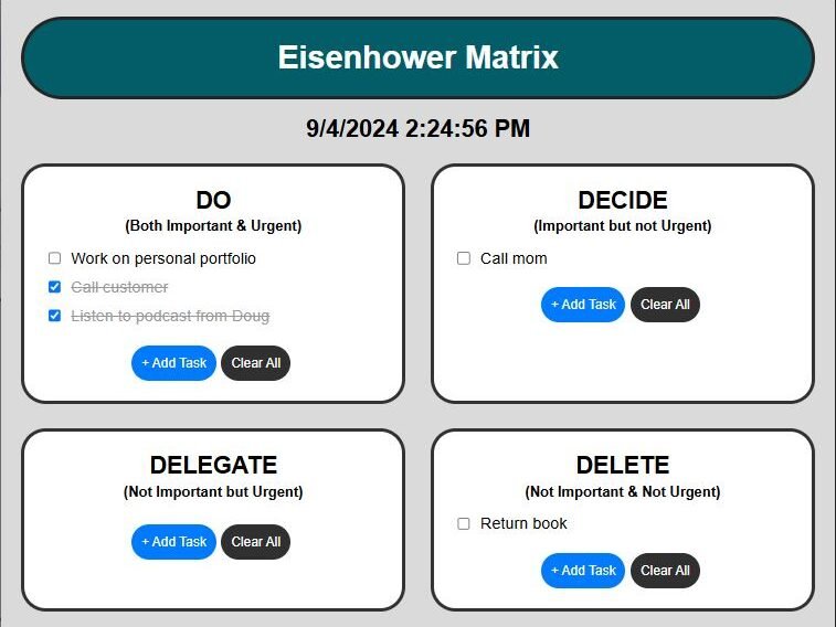 My first full-stack, static webpage in WASP for the Eisenhower Matrix Method of productive time-management.