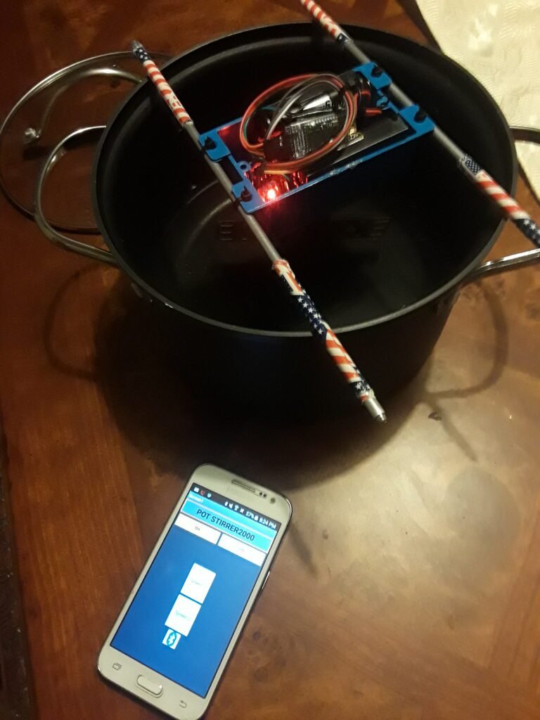 Junior Design Team Project - we were tasked with creating a pot stirrer with two speeds. It is servo-operated and controlled by an Android app developed in MIT App Inventor. Has two speeds, which could be controlled via the two buttons on the app. The device can be turned on and off at any point from another room so long as the Bluetooth signal was still within reach.