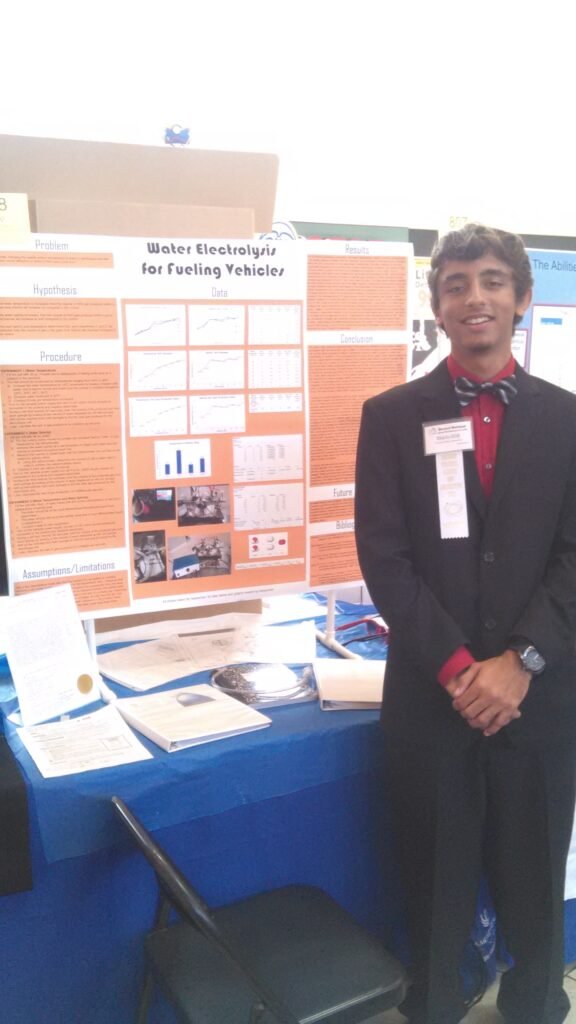 Brevard county regional science and engineering fair. Earned first place in my category. Designed a simple electrolysis fuel cell to illustrate the principle of hydrogen production and its possible implementation in internal combustion applications. Two cells. On/off button. Pipes. 