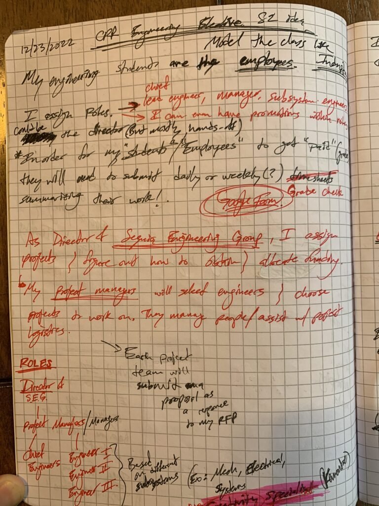 Notebook page for implementing Sequoia Engineering Initiative as a teacher at Cristo Rey Richmond High School. Process and ideation. 