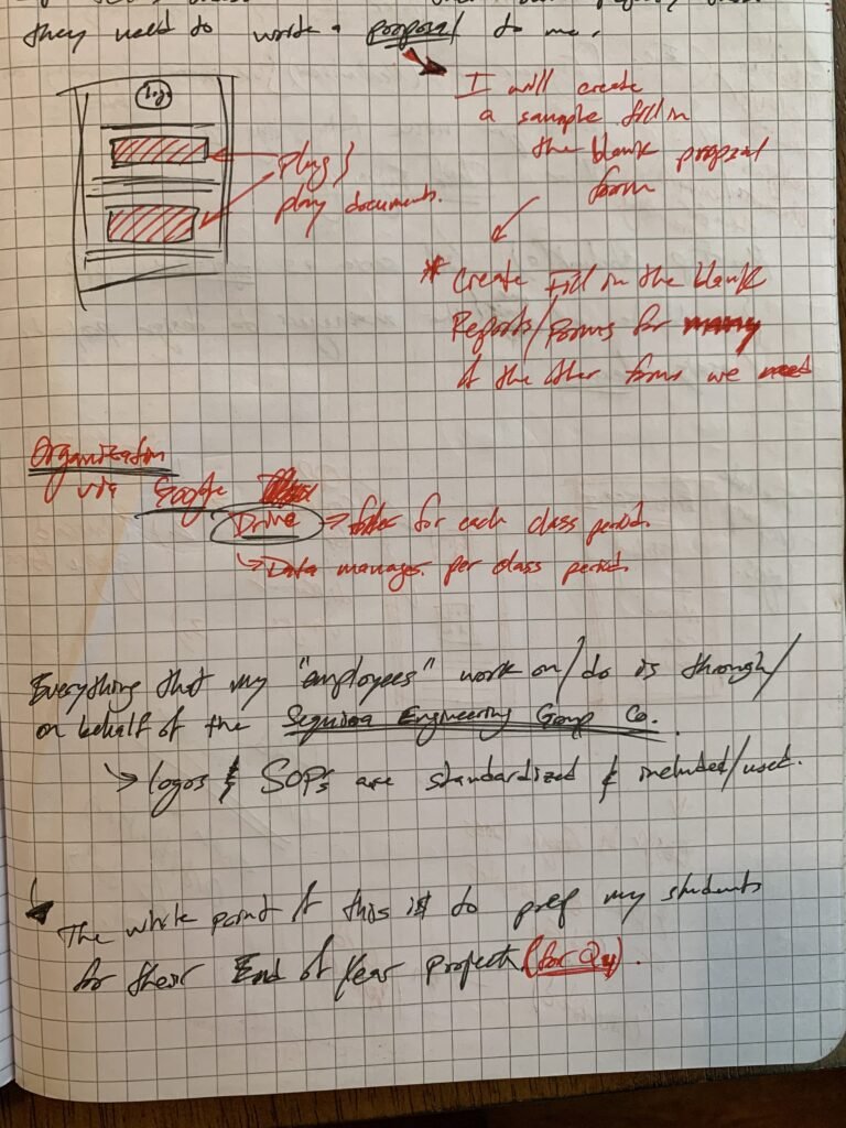 Notebook page for implementing Sequoia Engineering Initiative as a teacher at Cristo Rey Richmond High School. Process and ideation. 