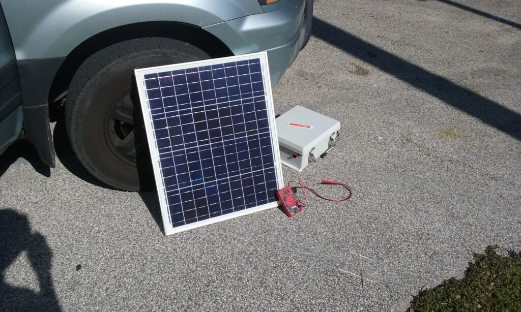 Solar panel outside voltage output test with multimeter. 