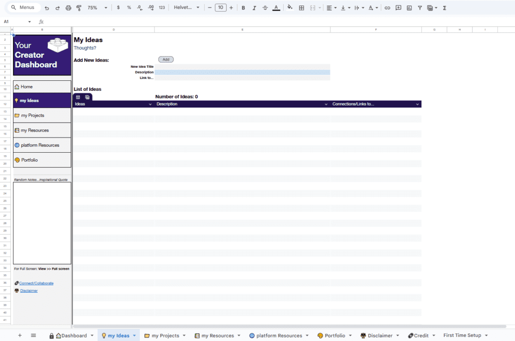 Google Sheets Creator Dashboard Layout UI UX Ideation Mario Sultan Designs Ideas Page