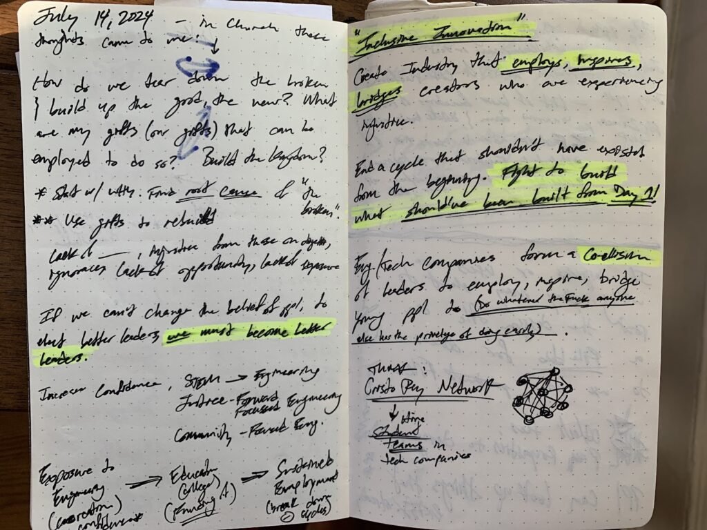 My notebook entry. A fiery manifesto on what engineering ought to be.  "How do we tear down the broken and build up the good, the new? What are my gifts (our gifts) that can be employed to do so? The build the Kingdom? Start with why. Find the root cause of “the broken” and use gifts to rebuild. A lack of ____, injustice from positions of power, ignorance, lack of opportunity, lack of exposure."