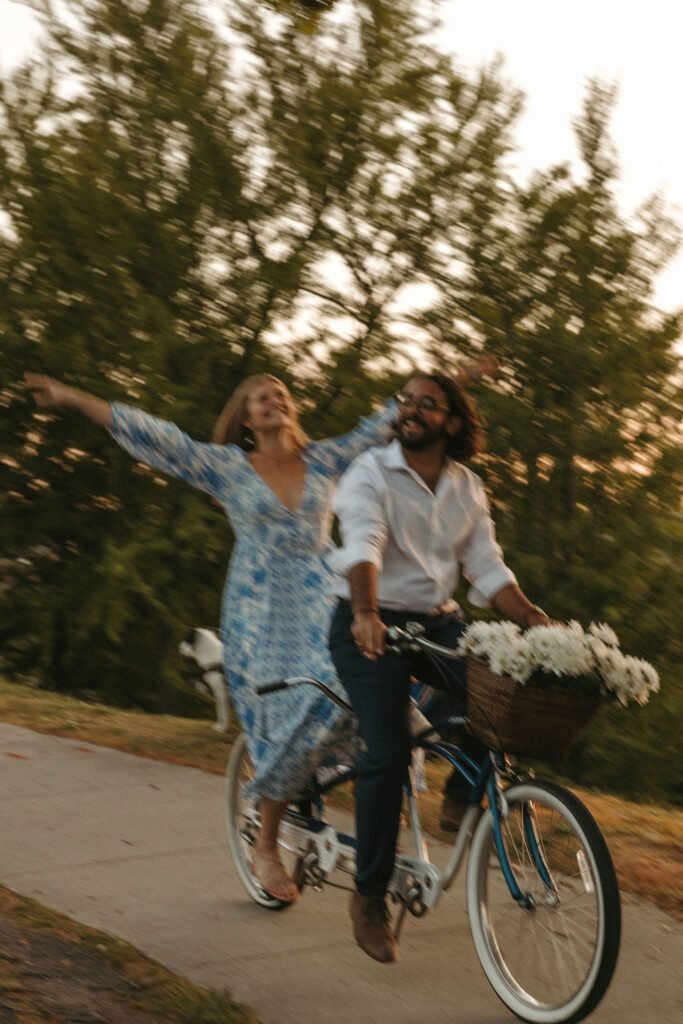 Engagement photo with my fiancé on our Schwinn Tandem Bike!