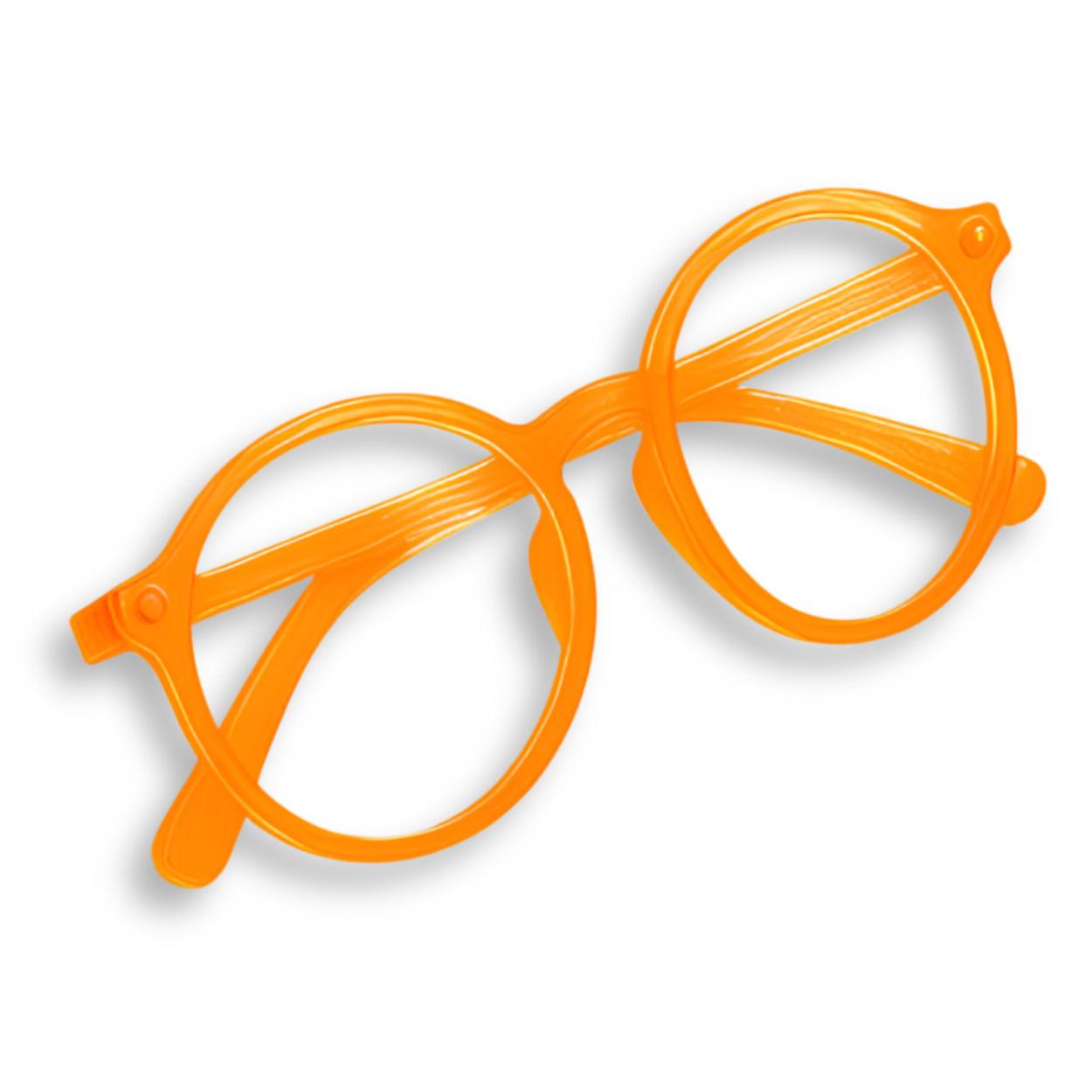 Orange round plastic glasses. Mario Sultan