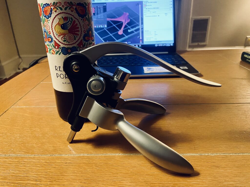 Lever Corkscrew Wine Bottle Opener Tilted On Table 3D CAD 3D Print Base Design Mario Sultan