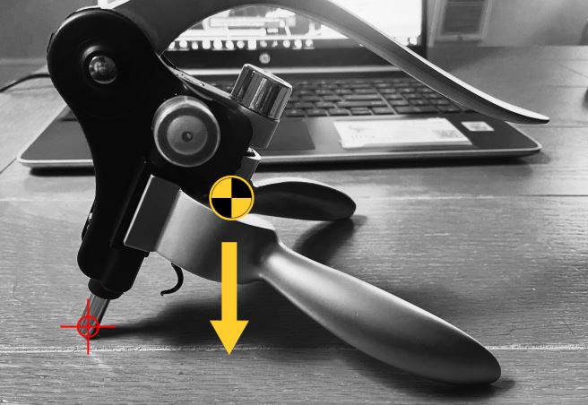 Lever Corkscrew Wine Bottle Opener Tilted On Table 3D CAD 3D Print Base Design Mario Sultan Center of Gravity Label